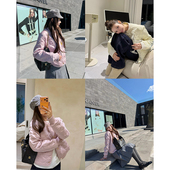 tingtings 粉色菱格立领棉服外套女冬季 时髦保暖夹棉上衣气质棉衣