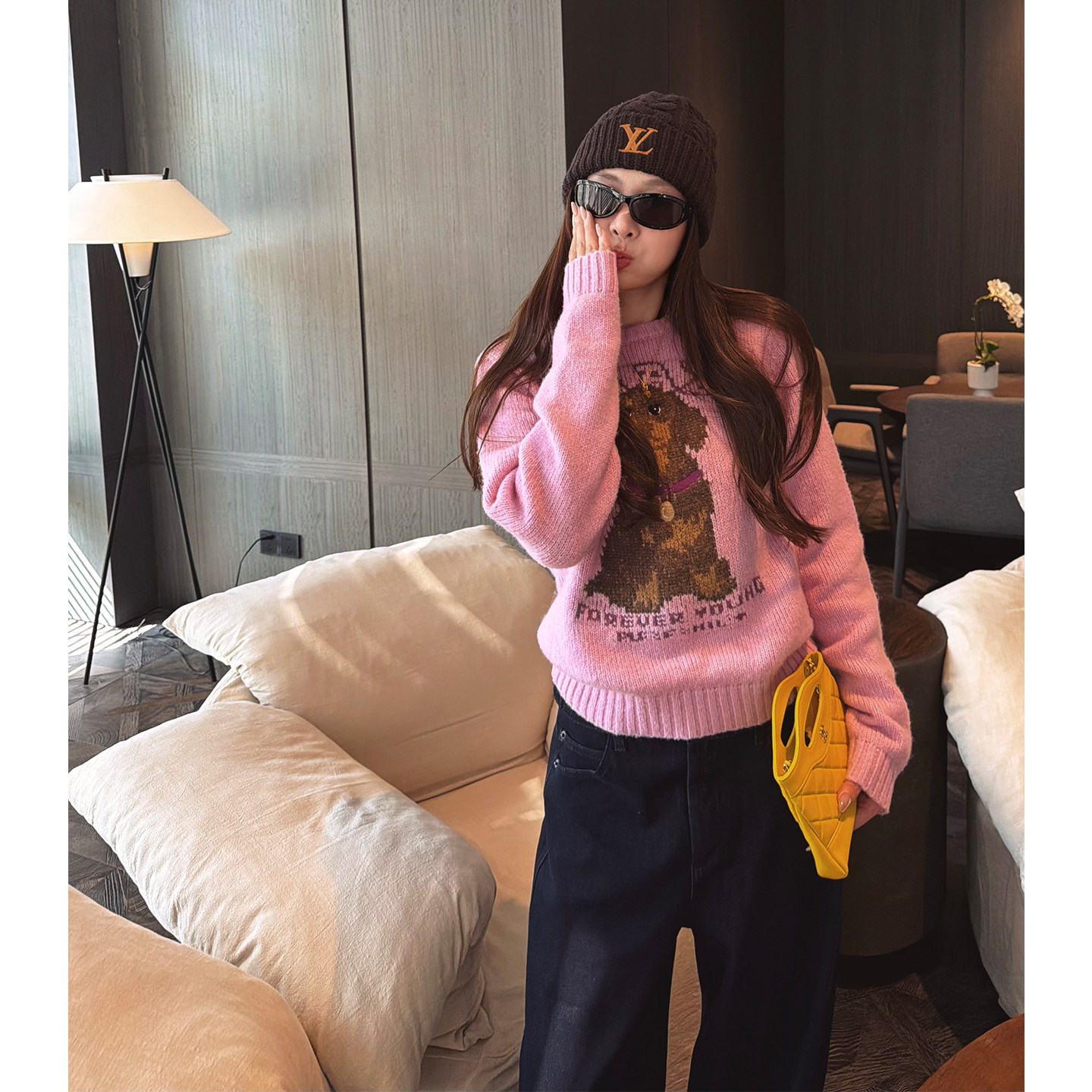 tingtings 小狗提花粉色圆领毛衣女秋冬套头显瘦洋气羊毛针织上衣