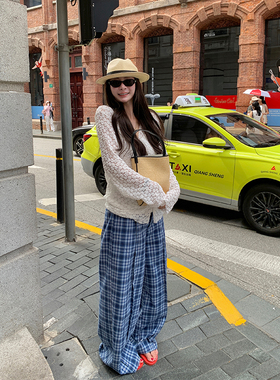 tingtings 蓝色格纹裤子休闲裤女早秋新款宽松阔腿裤拖地直筒长裤