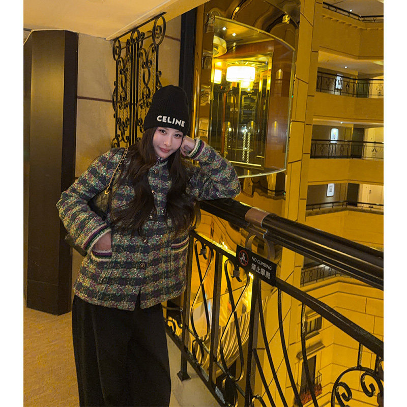 撞色立领小香风外套女冬加棉上衣