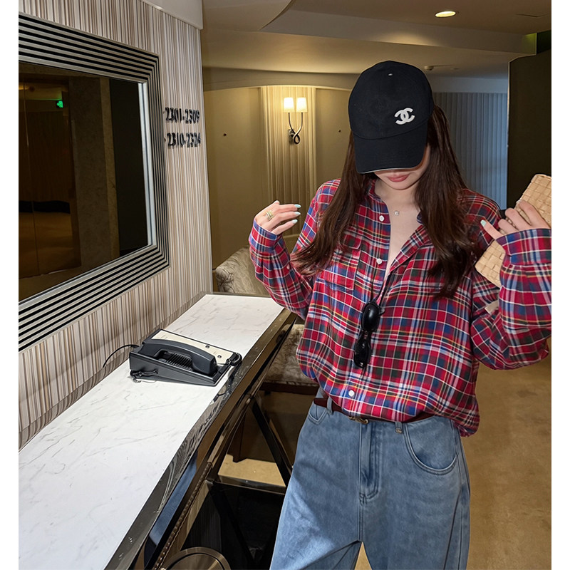 tingtings 全棉苏格兰格纹长袖衬衫女早秋宽松防晒衫气质百搭上衣