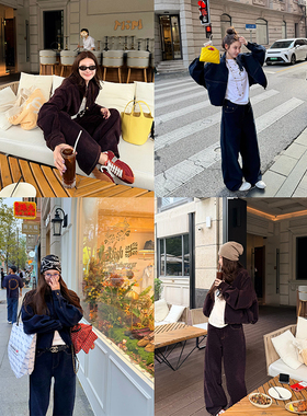 tingtings 独特好看牛仔套装女冬装新款高级红色加厚夹克外套裤子