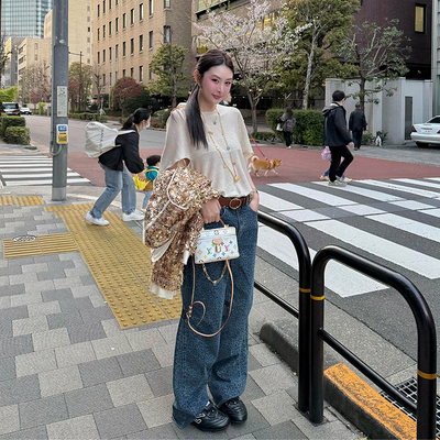 复古毛边豹纹牛仔裤女宽松阔腿裤