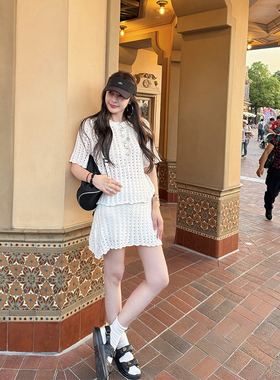 tingtings 白色小香风镂空针织套装女夏季裙子短袖上衣气质半身裙