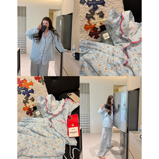 tingtings 女秋冬舒适居家服两件套 可爱卡通小狗印花翻领睡衣套装