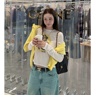 新款 t恤女春季 白色内搭显瘦打底上衣 纯棉小狗印花长袖 tingtings