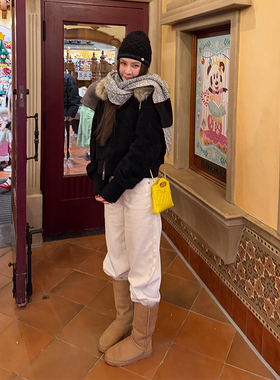 tingtings 白色加厚一体植绒牛仔裤女秋冬新款单宁裤子宽松直筒裤