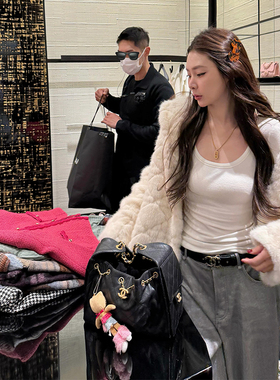 tingtings 白色菱格环保皮草外套女冬季新款保暖高级气质毛毛上衣