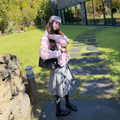 tingtings 灰色工字褶羊毛半身裙女秋冬气质加厚高腰显瘦A字裙子