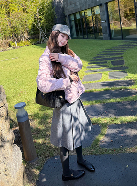 tingtings 灰色工字褶羊毛半身裙女秋冬气质加厚高腰显瘦A字裙子