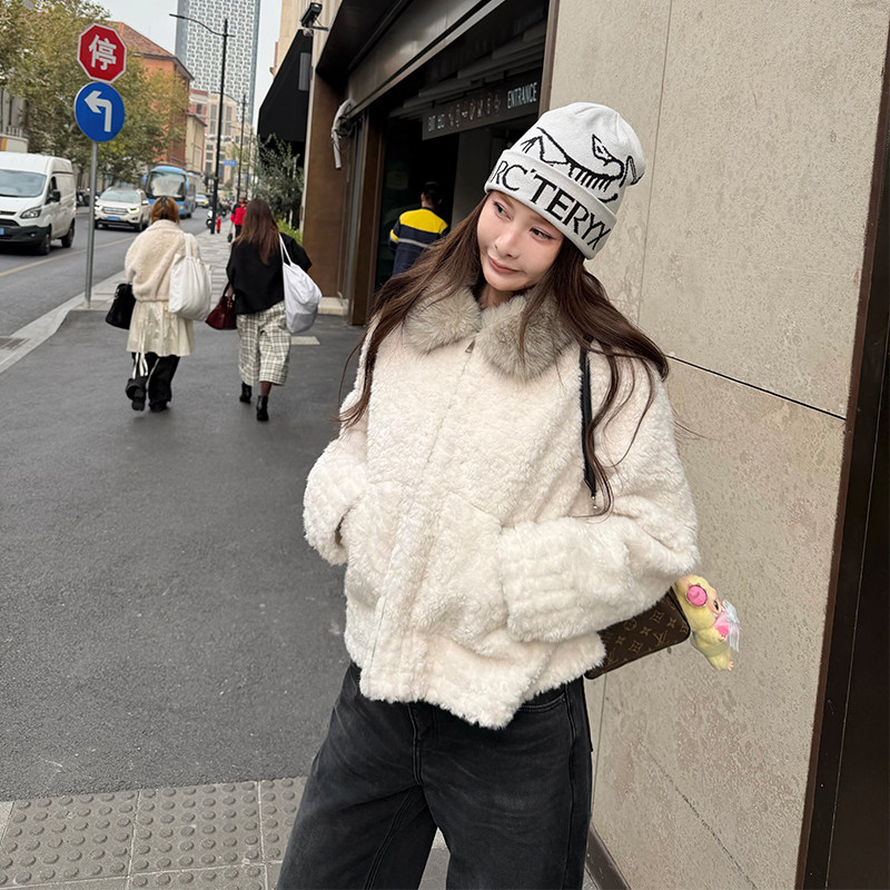 仿羊羔毛外套女冬毛领环保皮草