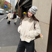 tingtings 白色仿羊羔毛外套女冬季 保暖毛领环保皮草宽松加厚上衣