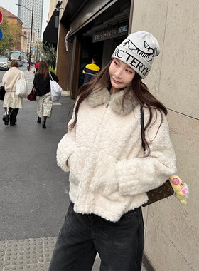 tingtings 白色仿羊羔毛外套女冬季保暖毛领环保皮草宽松加厚上衣