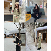 加绒慵懒休闲外套运动长裤 女秋冬新款 黑色毛领卫衣套装 tingtings