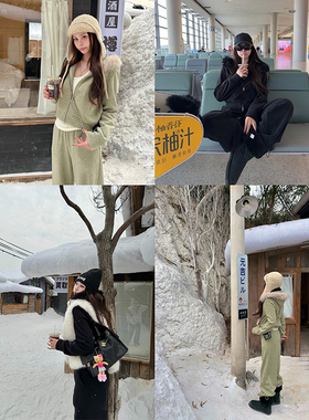 tingtings 黑色毛领卫衣套装女秋冬新款加绒慵懒休闲外套运动长裤