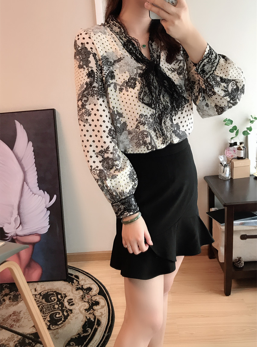春夏V领蕾丝雪纺衫花边打底宽松蝴蝶结长袖衬衫上衣小衫显瘦女