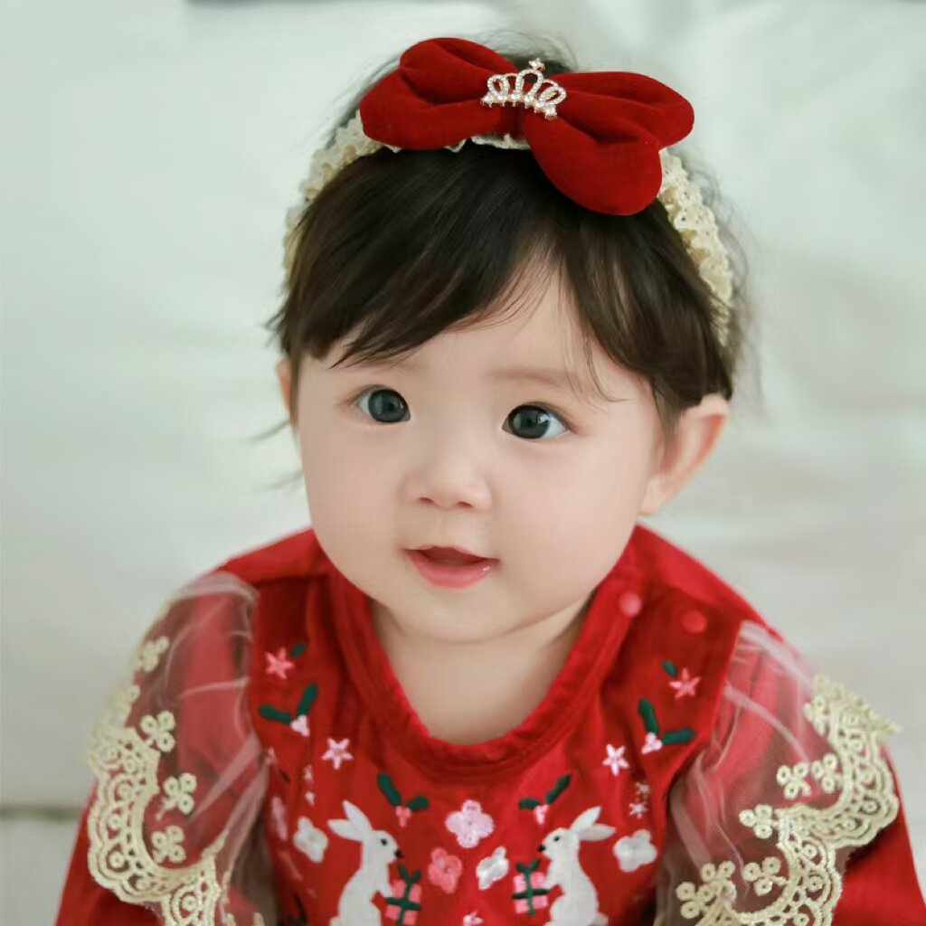婴儿发带皇冠公主蝴蝶结百天周岁生日红色过年婴幼儿宝宝新年头饰