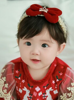 婴儿发带皇冠公主蝴蝶结百天周岁生日红色过年婴幼儿宝宝新年头饰