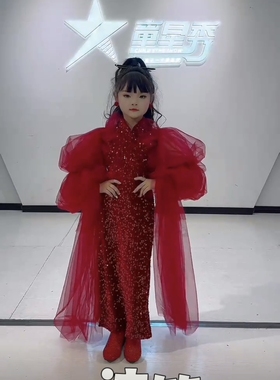 出售流筑精品女童礼服2025新款儿童红色亮片连衣裙女孩主持人礼服