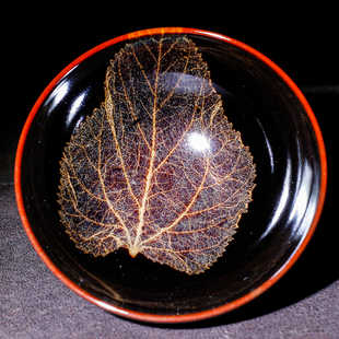 江月纯手工黑釉真木叶作品红油滴建盏大号主人杯单杯建窑收藏