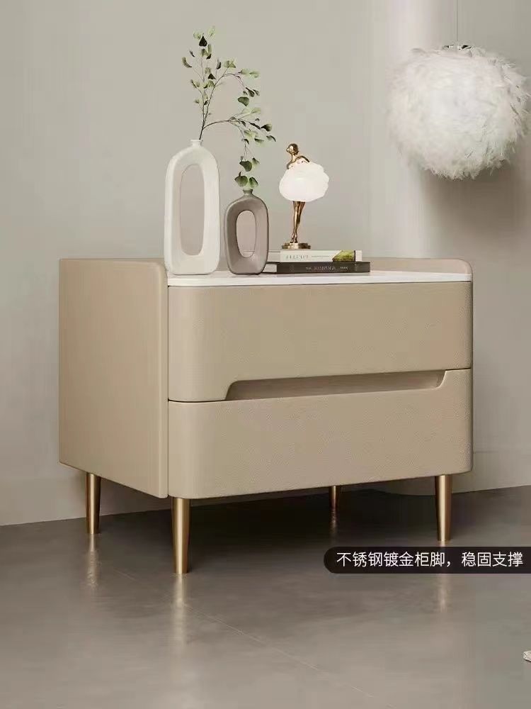 全实木意式床头柜简约现代卧室家用轻奢岩板床边收纳新款储物整装