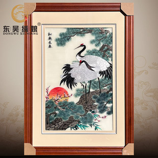 饰画送长辈祝寿客厅玄关书房白鹤松鹤长春苏绣 苏州手工刺绣挂画装