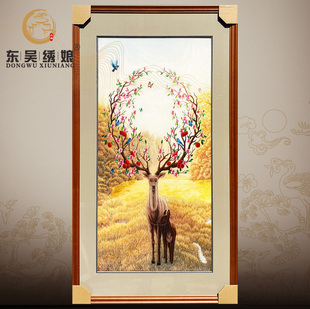 东吴绣娘非遗手工欧式风格一路向前发财鹿客厅玄关背景墙苏绣刺绣