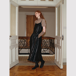 复古时髦叠穿 法式 大摆量显瘦pu皮革吊带连衣裙 优雅出挑 TOP家