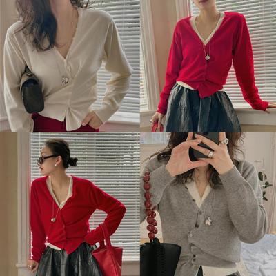 TOP家 时髦知识分子 复古MIU风可叠穿撞色v领针织羊毛开衫毛衣女
