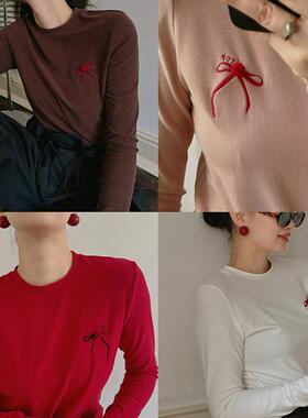 TOP家 精致趣味 法式复古时髦柔肤保暖磨毛圆领毛秋蝴蝶结长袖T恤
