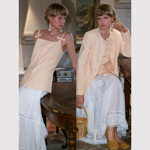 TOP家 明媚早春 法式油画风奶油黄蝴蝶结圆领西装外套+吊带背心