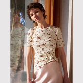 碎花短袖 TOP家 t恤 复古田园风 扭结花朵造型修身 随性松弛 法式