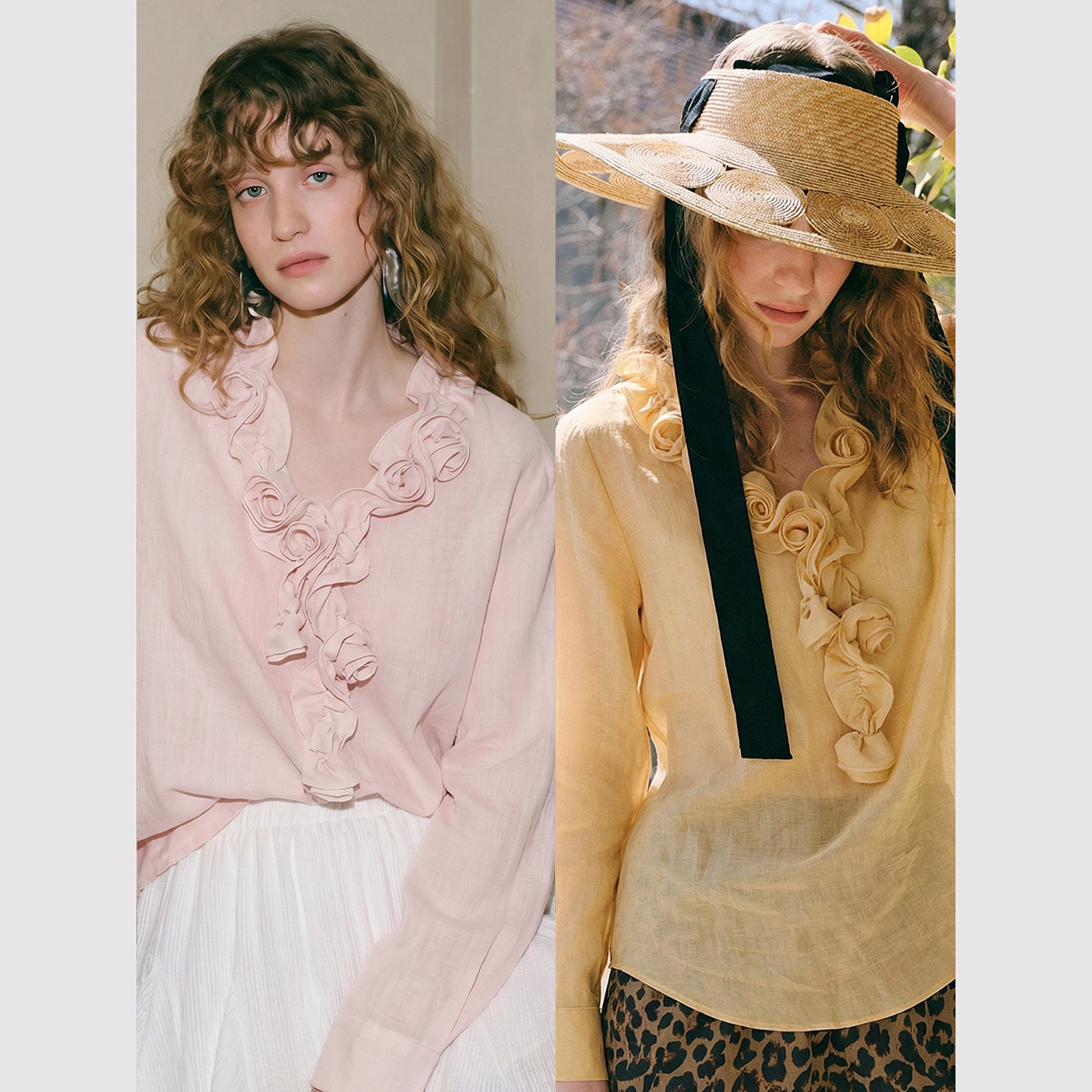 TOP家 心动基因 法式复古立体玫瑰花边 日光杏黄松弛感苎麻衬衫