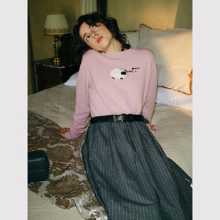 法式 复古手工绣花可爱小绵羊荃羊毛套头毛衣 奶乎咩咩羊 TOP家