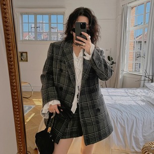 格子双排扣西服 TOP家 高智学院风 时髦复古100%羊毛黑灰经典 短裤