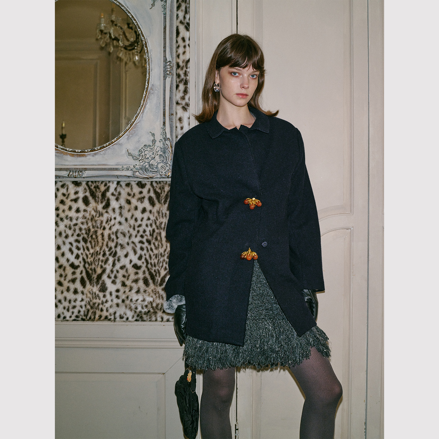 TOP家 法式复古重工18K铜镀真金葡萄籽装饰扣 廓型荃羊毛翻领大衣