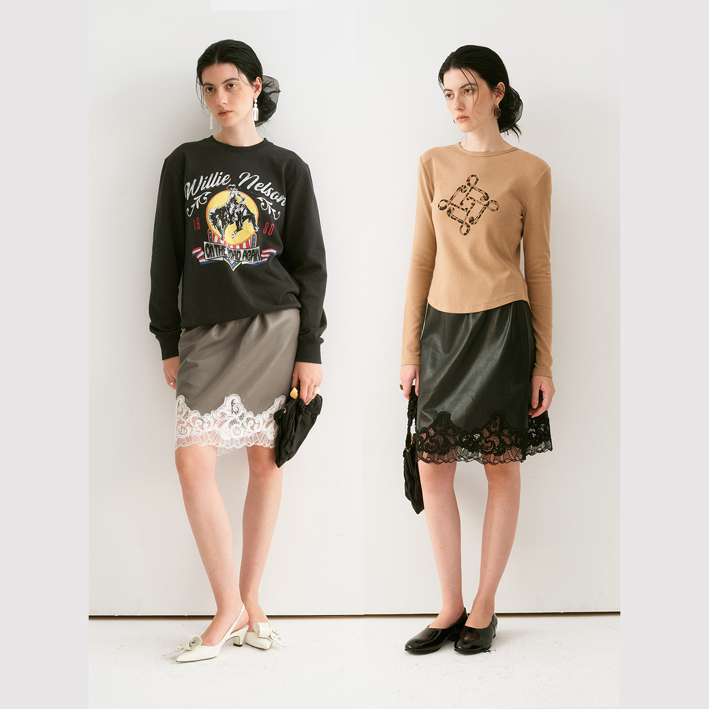 TOP家 秋冬叠穿神器 法式复古环保PU皮松紧腰镂空蕾丝绣花半身裙