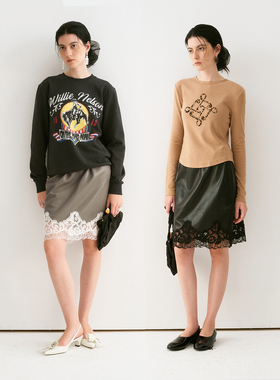 TOP家 秋冬叠穿神器 法式复古环保PU皮松紧腰镂空蕾丝绣花半身裙