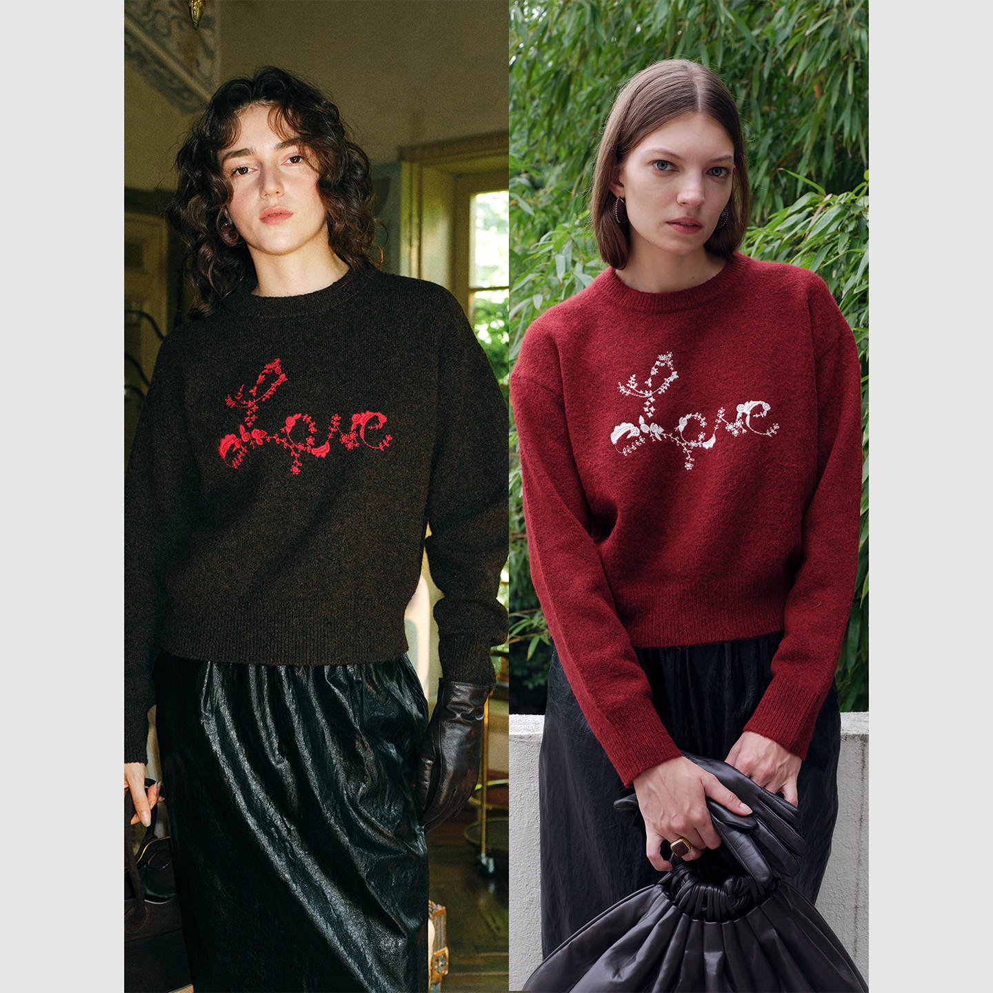 TOP家 油画质感 法式复古撞色刺绣LOVE字母羊毛混纺圆领套头毛衣