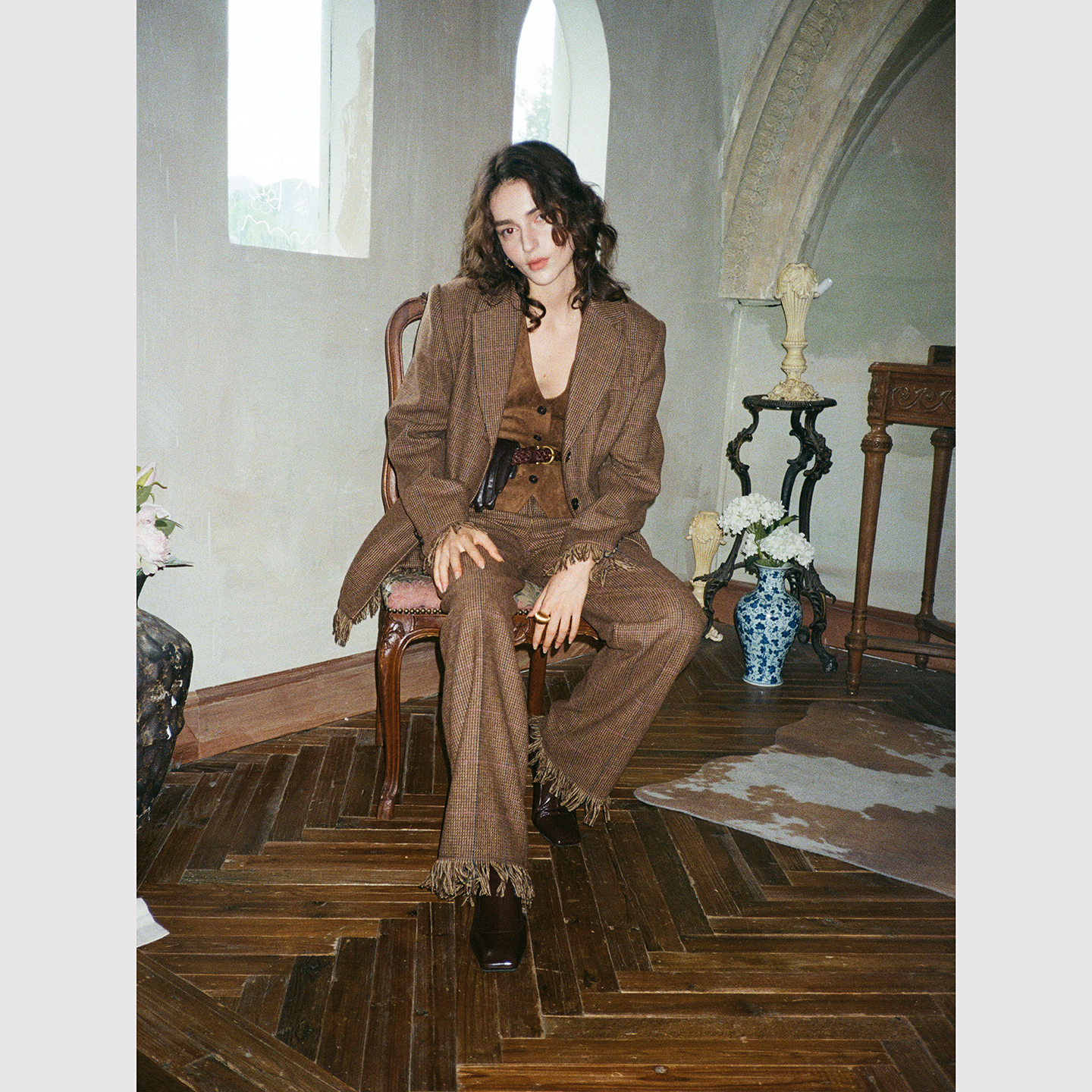 TOP家 法式复古优雅流苏拼接粗花呢千鸟格羊毛西装外套+羊毛西裤