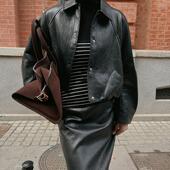 法式 衬衫 时髦套装 pu夹克 后开叉半裙 复古暗扣蝙蝠袖 TOP家