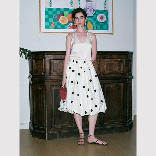 TOP家 罗马假日 法式浪漫复古自然蓬松高腰a摆波点半身裙 送发圈