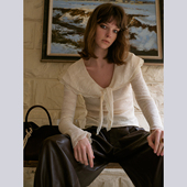 法式 TOP家 秋冬刚需 浪漫复古加厚针织提花蕾丝花边翻领系结上衣