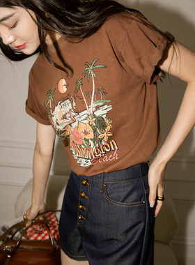 TOP家 复古氛围 重工洗水做旧度假印花圆领宽短袖t恤女夏2023新款