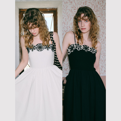 TOP家 闲适浪漫 法式复古撞色手工钩花领口 大摆伞吊带连衣裙