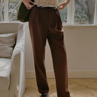 TOP家 松弛感 法式复古两穿斜纹精仿羊毛撞色条纹翻折腰直筒长裤