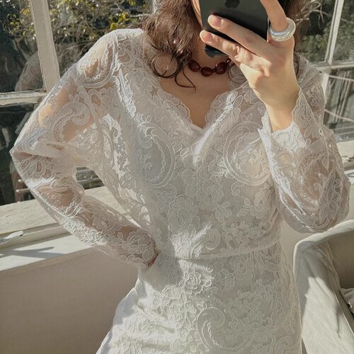 TOP家 法式浪漫宫廷风绣花蕾丝深V领交叉围裹式蝙蝠袖包臀连衣裙