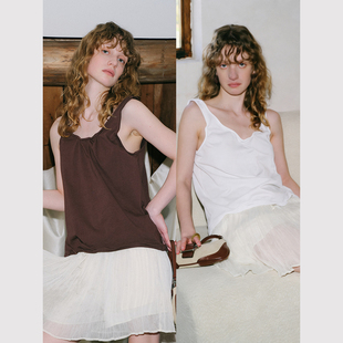 法式 时髦简约定型软花边舒适透气u领宽松背心 随心造型 TOP家