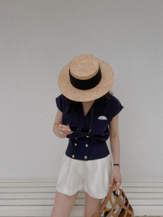 撞色口袋巾无袖 TOP家 14支精梳麻V领收腰无袖 简约 衬衣马甲女 法式