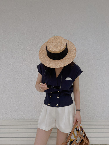 TOP家 法式简约 14支精梳麻V领收腰无袖撞色口袋巾无袖衬衣马甲女